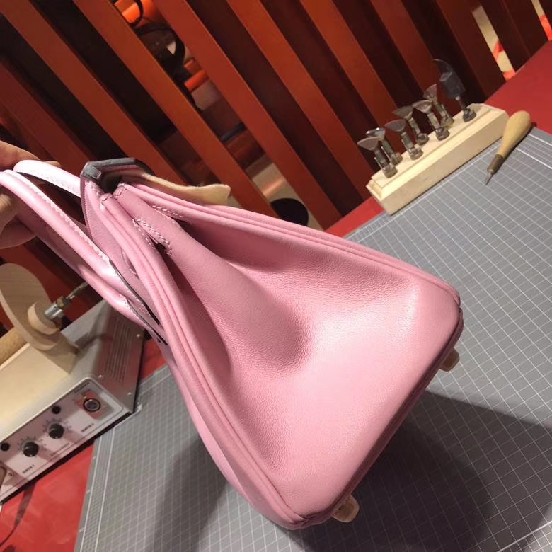 Hermes包包官网 爱马仕进口Swift牛皮Birkin25铂金包 樱花粉 金扣
