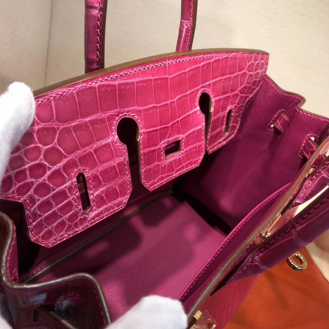 Hermes Birkin25CM 爱马仕5J桃粉色亮面尼罗鳄鱼皮铂金包 金扣