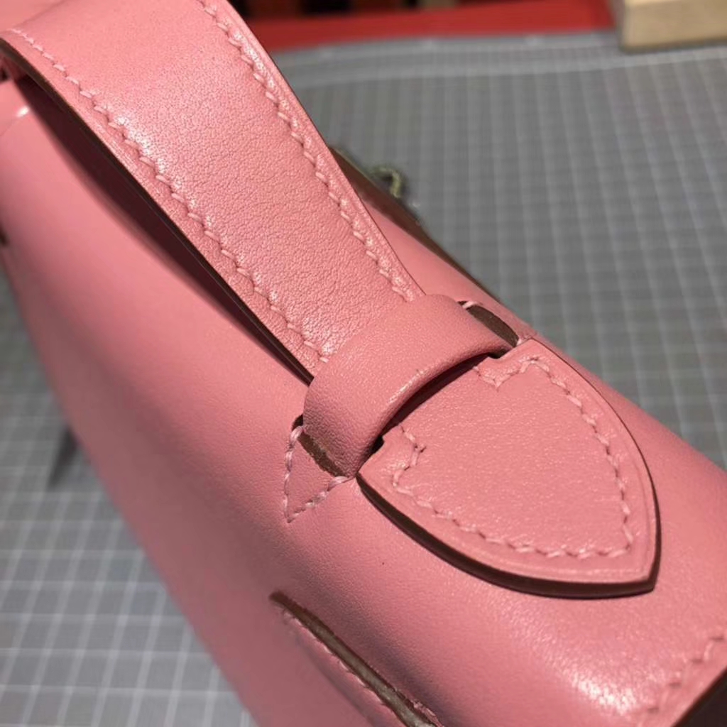 Hermes Minikelly22CM 爱马仕奶昔粉Swift牛皮迷你凯莉包手拿包 银扣