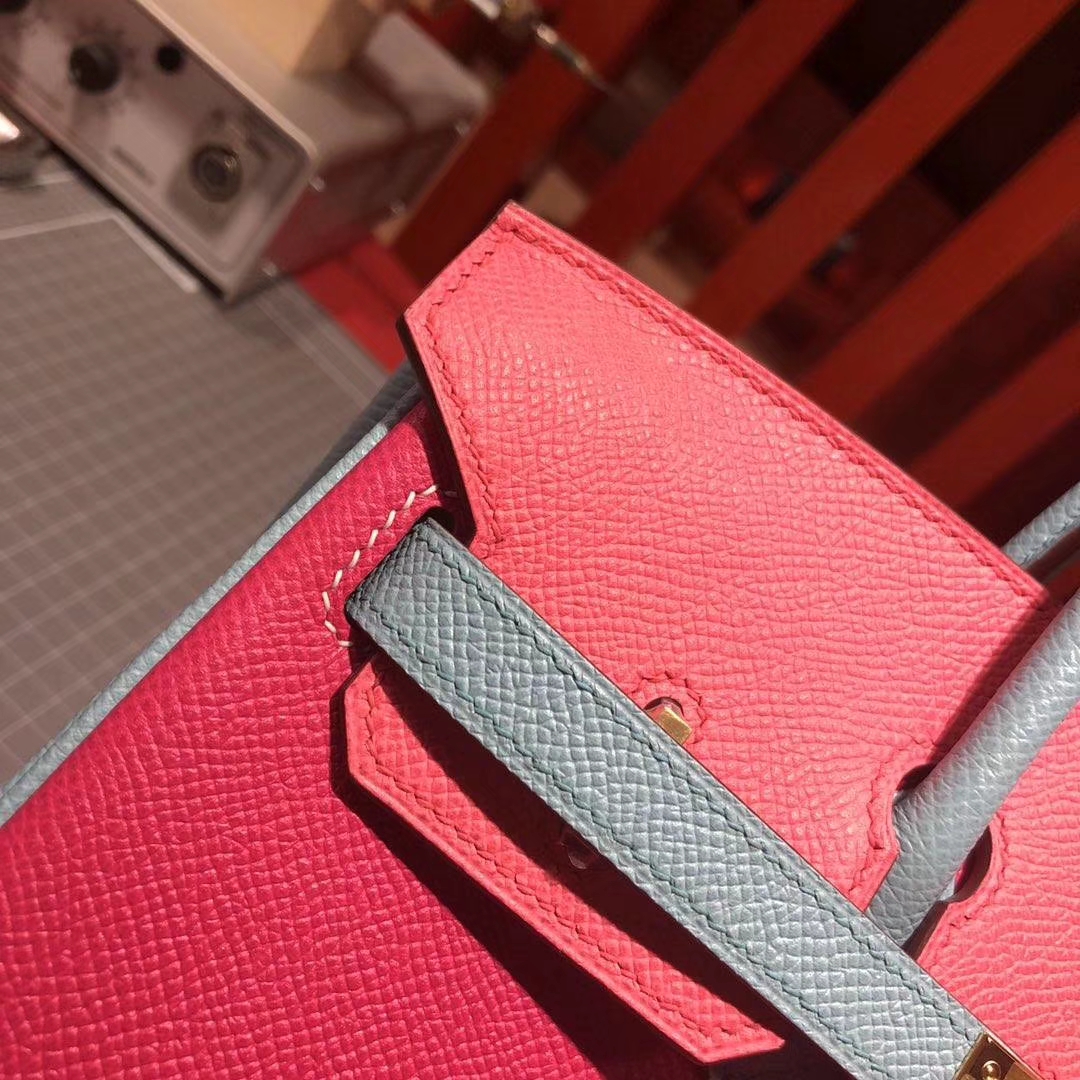 爱马仕铂金包尺寸 Hermes玫红拼唇膏粉拼马卡龙蓝原厂Epsom牛皮Birkin25CM 金扣