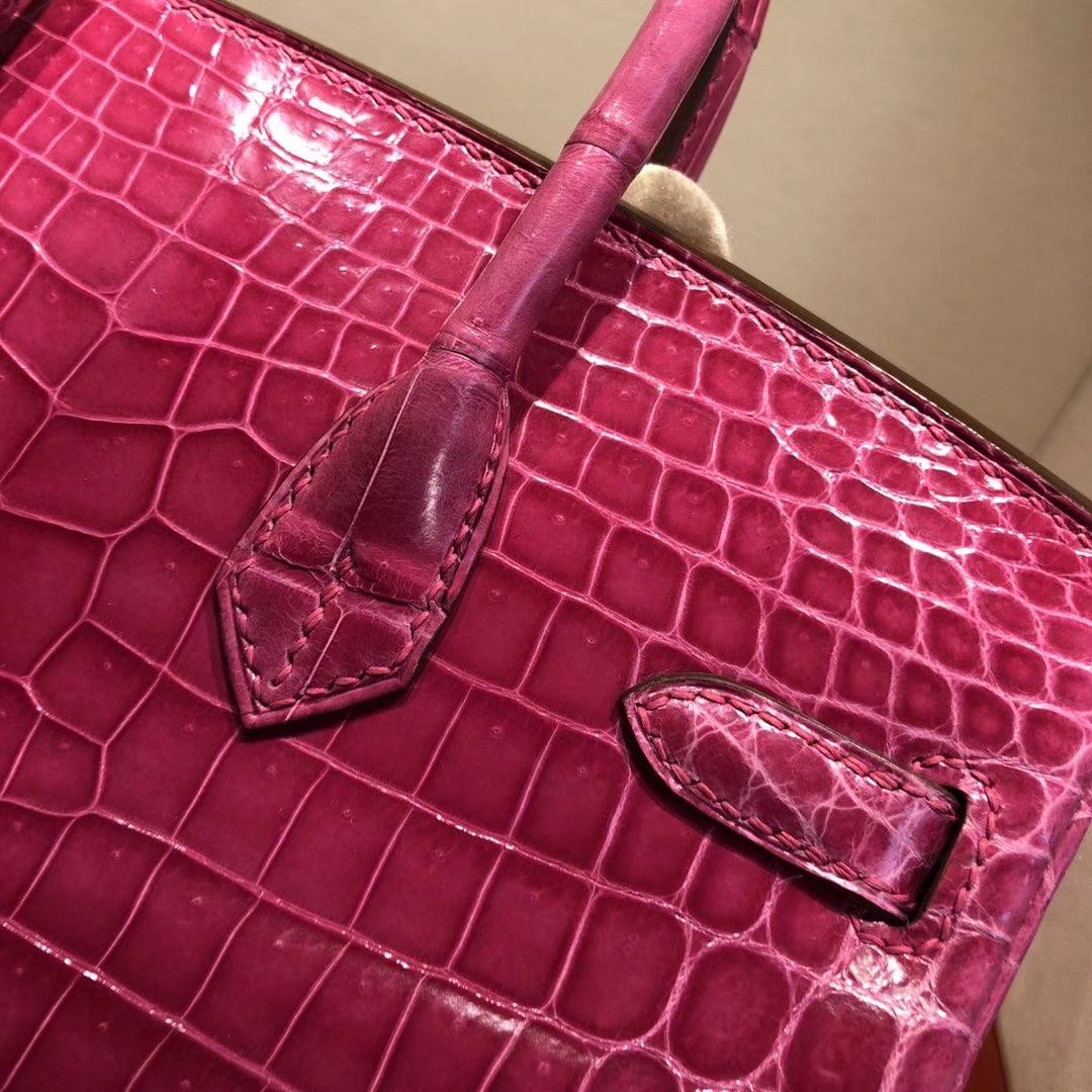 Hermes Birkin25CM 爱马仕5J桃粉色亮面尼罗鳄鱼皮铂金包 金扣