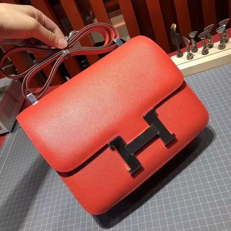爱马仕康斯坦包 Hermes Constance24CM 西瓜红Epsom牛皮 银扣