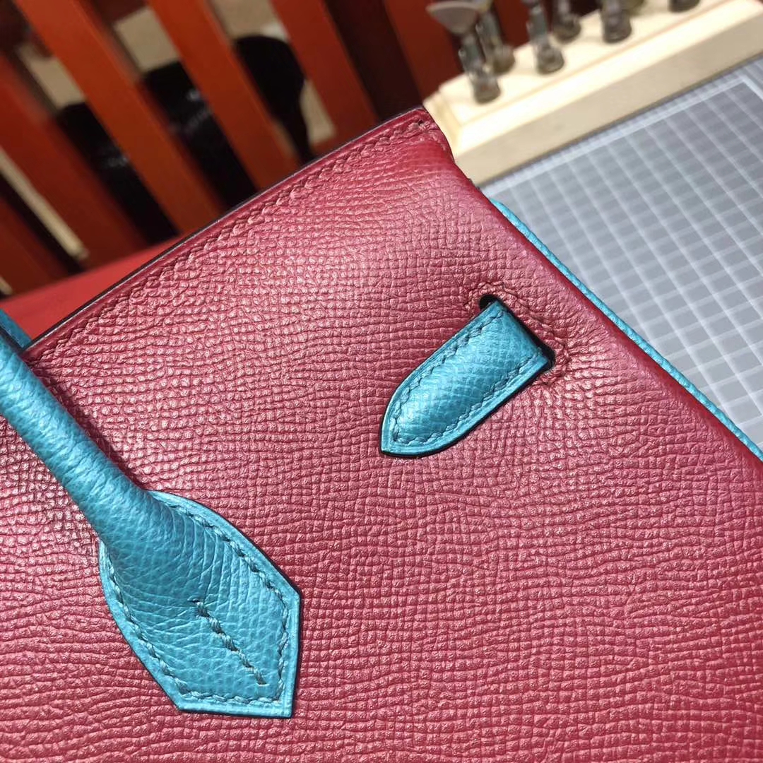 爱马仕铂金包尺寸 Hermes Birkin25CM 中国红拼孔雀蓝十字纹牛皮 金扣
