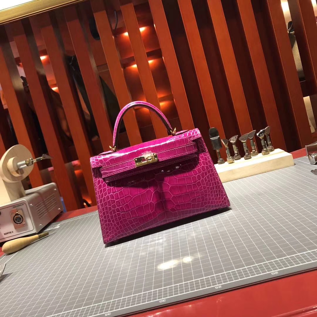 Hermes Minikelly2代 爱马仕J5天方夜谭粉紫亮光鳄鱼皮迷你凯莉包2代手包