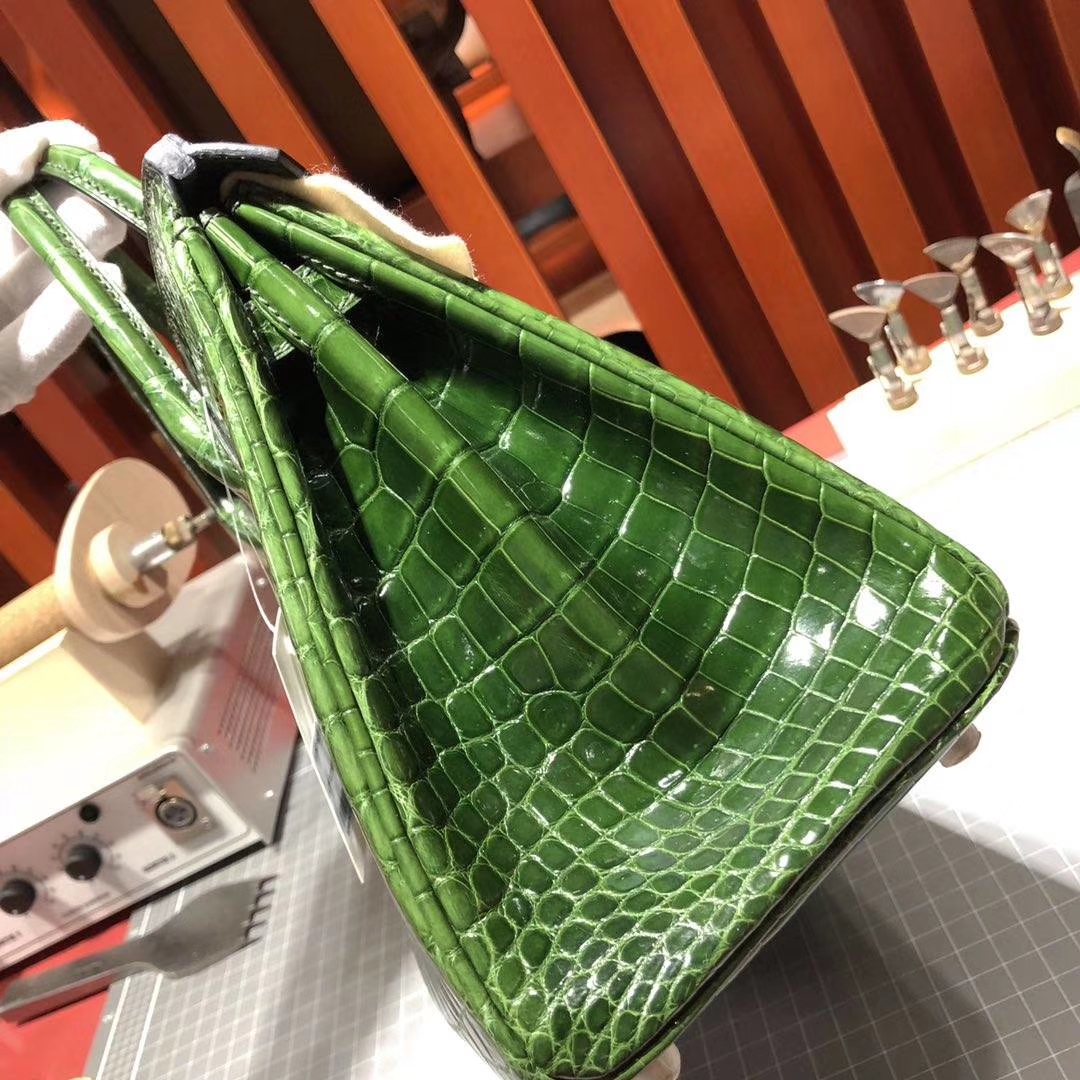 爱马仕Birkin女包 Hermes原厂亮面鳄鱼皮铂金包25CM 6Q祖母绿 银扣