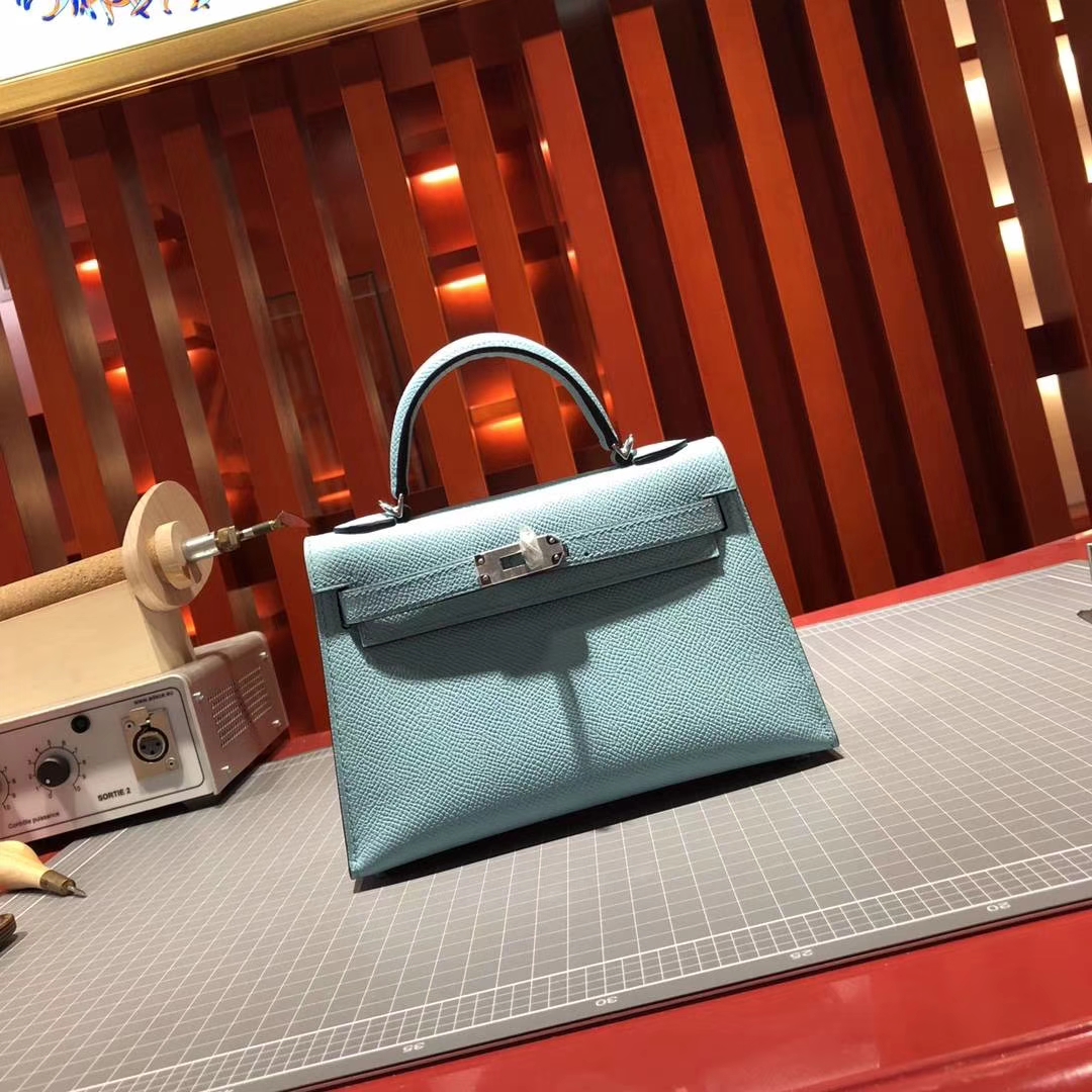 爱马仕晚宴手包 Hermes Minikelly2代 3P马卡龙蓝原厂Epsom牛皮 银扣