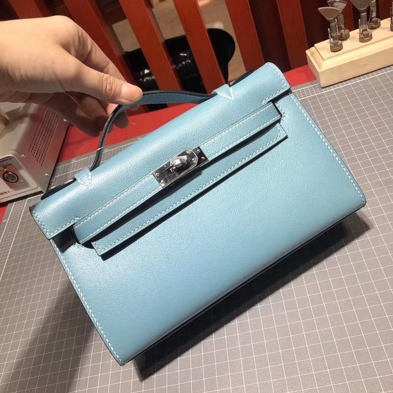 Hermes Minikelly22CM 爱马仕牛仔蓝顶级Swift牛皮迷你凯莉包 银扣