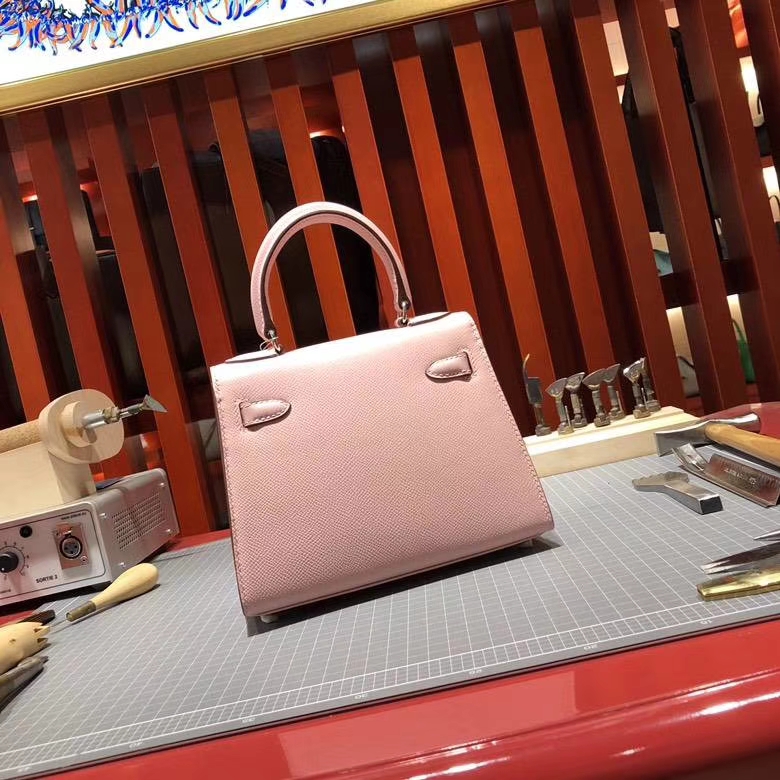 爱马仕凯莉包 Hermes Kelly20CM 3Q芭比粉Epsom牛皮手提包 银扣