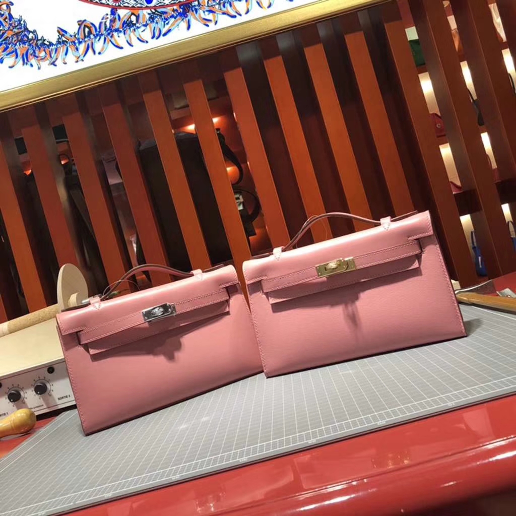 Hermes Minikelly22CM 爱马仕奶昔粉Swift牛皮迷你凯莉包手拿包 银扣