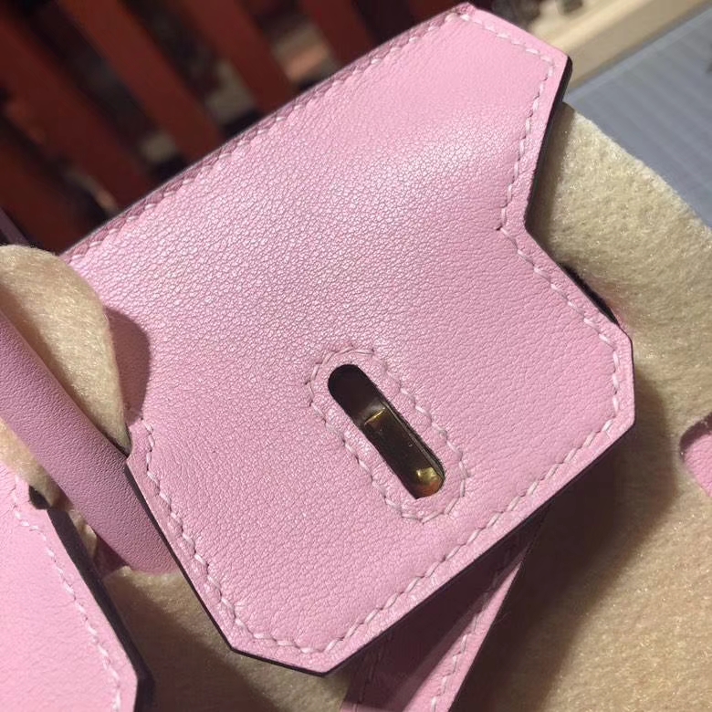 Hermes包包官网 爱马仕进口Swift牛皮Birkin25铂金包 樱花粉 金扣