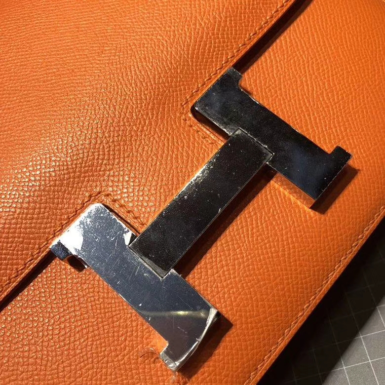 爱马仕空姐包尺寸 Hermes Constance24CM 橙色Epsom牛皮 银扣