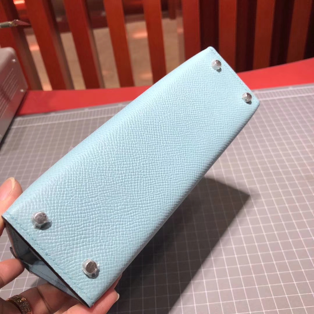 爱马仕晚宴手包 Hermes Minikelly2代 3P马卡龙蓝原厂Epsom牛皮 银扣