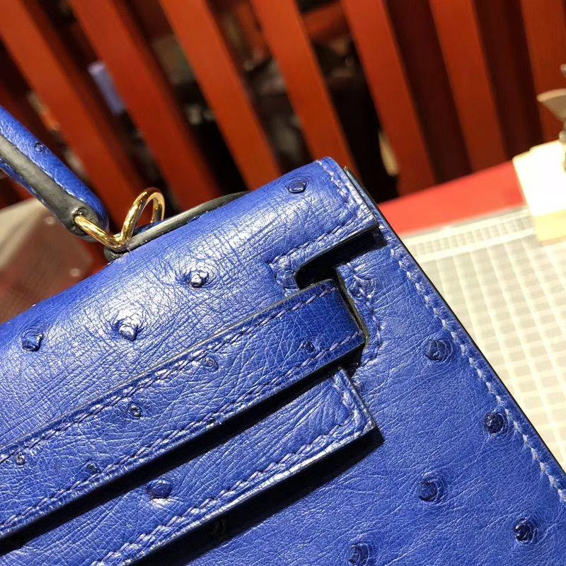 爱马仕凯莉包尺寸 Hermes Kelly25CM 电光蓝南非鸵鸟皮 金扣
