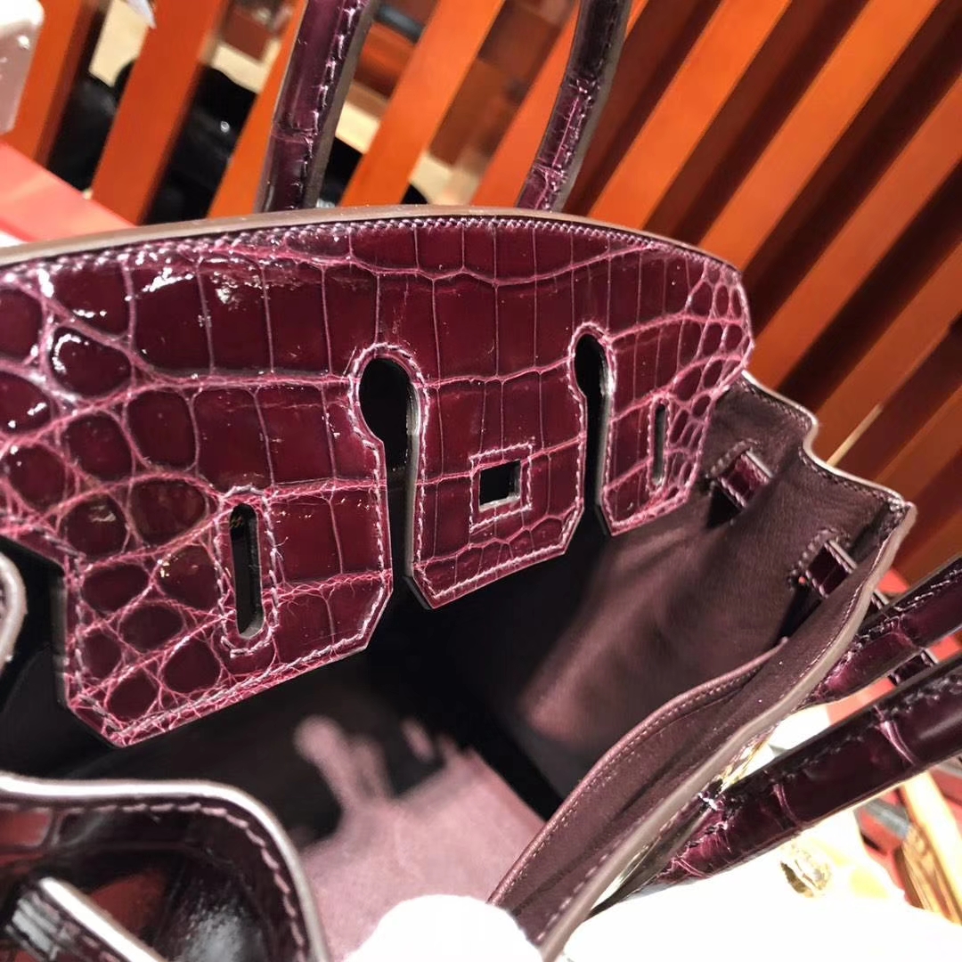 Hermes Birkin25CM 爱马仕CK57波尔多酒红亮面尼罗鳄鱼皮铂金包 金扣