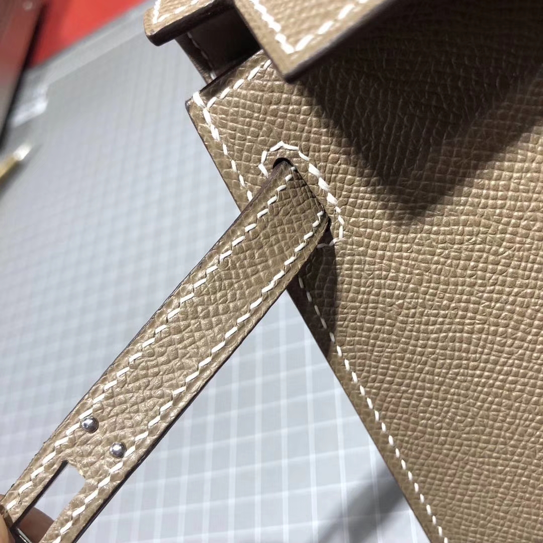 Hermes Minikelly2代 爱马仕C18大象灰顶级Epsom牛皮迷你凯莉包19CM 银扣