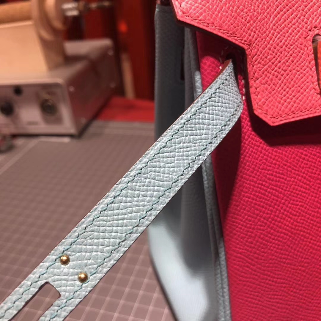 爱马仕铂金包尺寸 Hermes玫红拼唇膏粉拼马卡龙蓝原厂Epsom牛皮Birkin25CM 金扣