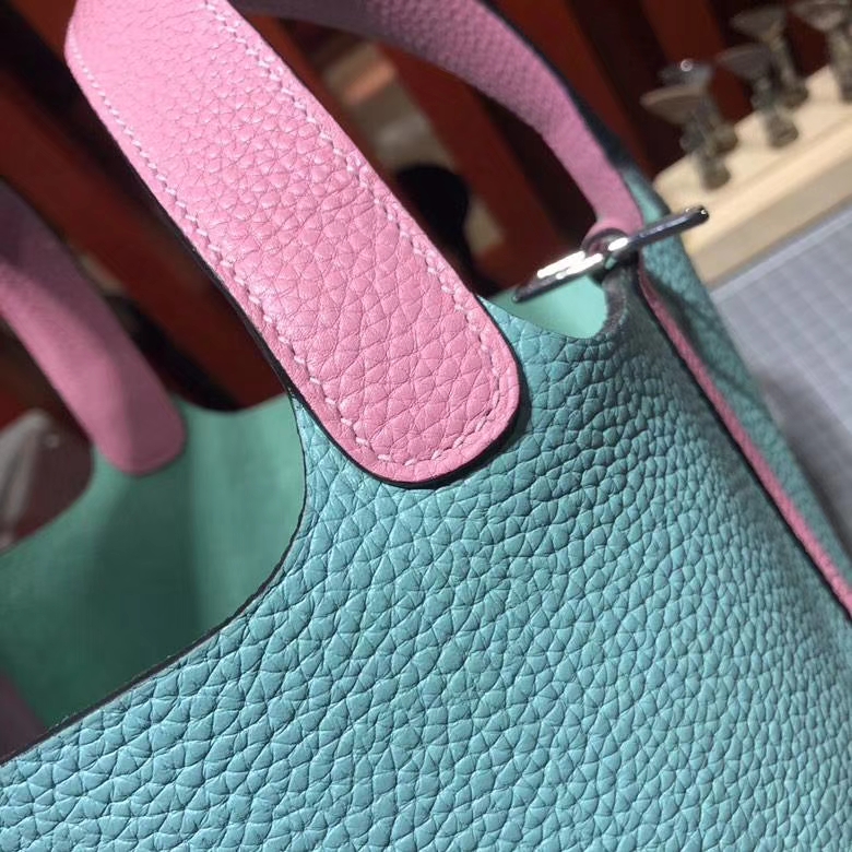 爱马仕拼色水桶包 Hermes Picotin Lock18cm 马卡龙蓝拼樱花粉Clemence牛皮 银扣
