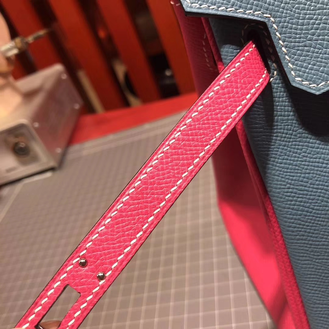 爱马仕拼色铂金包 Hermes牛仔蓝拼玫红十字纹牛皮Birkin25CM 银扣