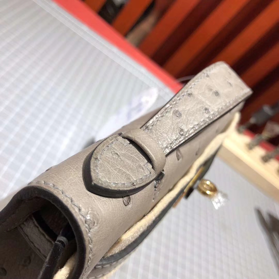 爱马仕迷你凯莉包 Hermes Minikelly Pochette22CM 大象灰顶级鸵鸟皮 金扣
