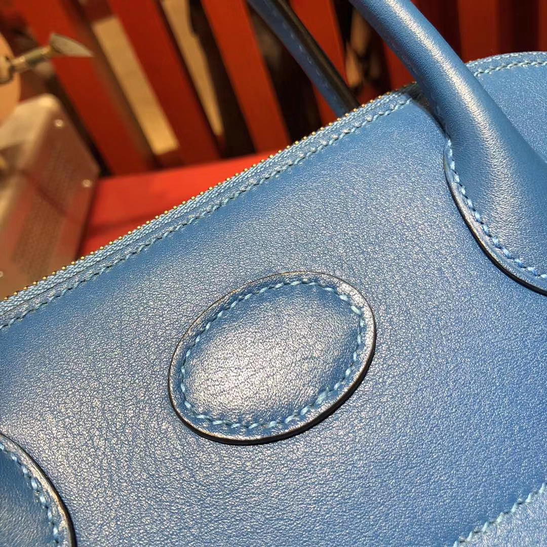 爱马仕保龄球包 Hermes Bolide27CM T7水妖蓝原厂Swift牛皮 银扣