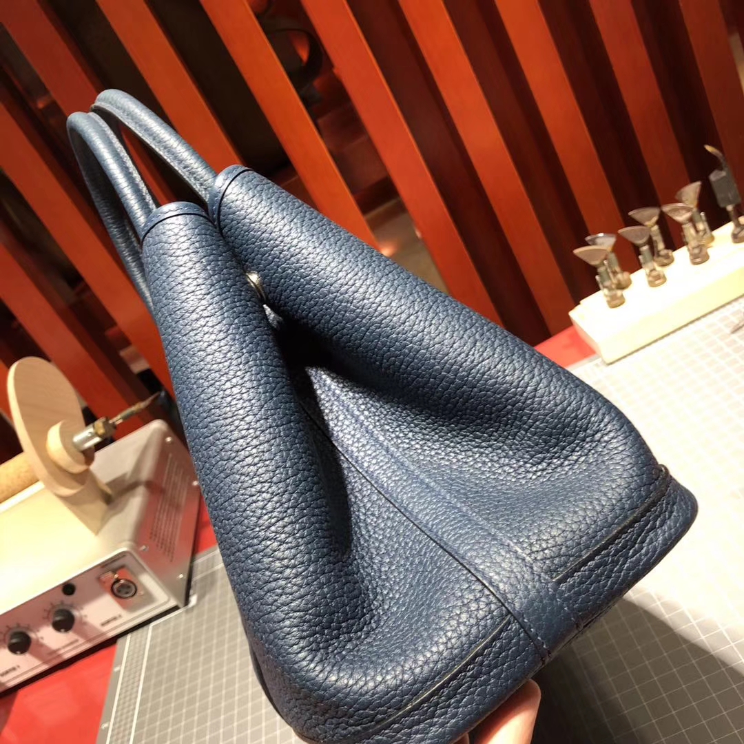 爱马仕花园包价格 Hermes Garden Party宝石蓝法国本土小牛皮手提包30CM