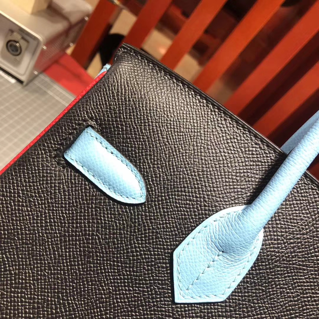 爱马仕Birkin包包 Hermes黑色拼糖果蓝十字纹牛皮铂金包30CM 金扣