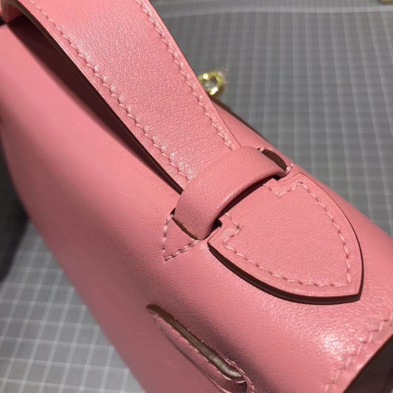 爱马仕迷你凯莉包 Hermes Minikelly22CM 奶昔粉顶级Swift牛皮 金扣