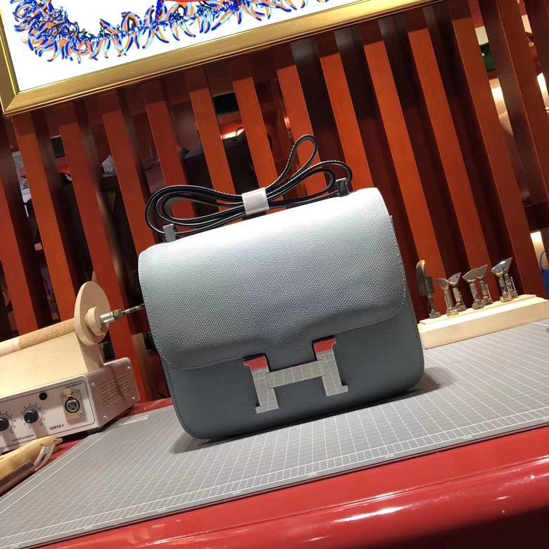 Hermes经典女包 爱马仕顶级Epsom牛皮空姐包Constance24CM 冰川蓝银扣