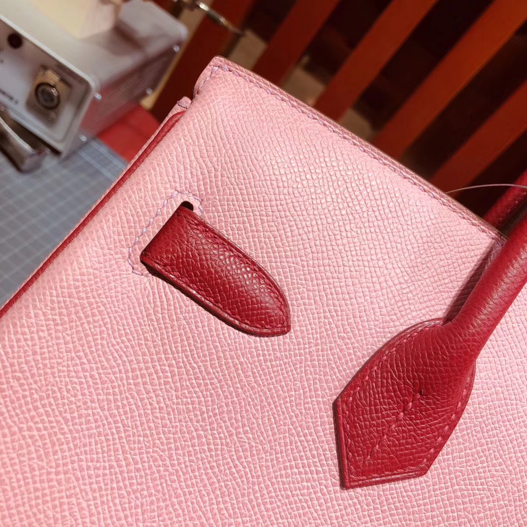 爱马仕拼色铂金包 Hermes Birkin30CM 奶昔粉拼中国红原厂手掌纹牛皮 金扣