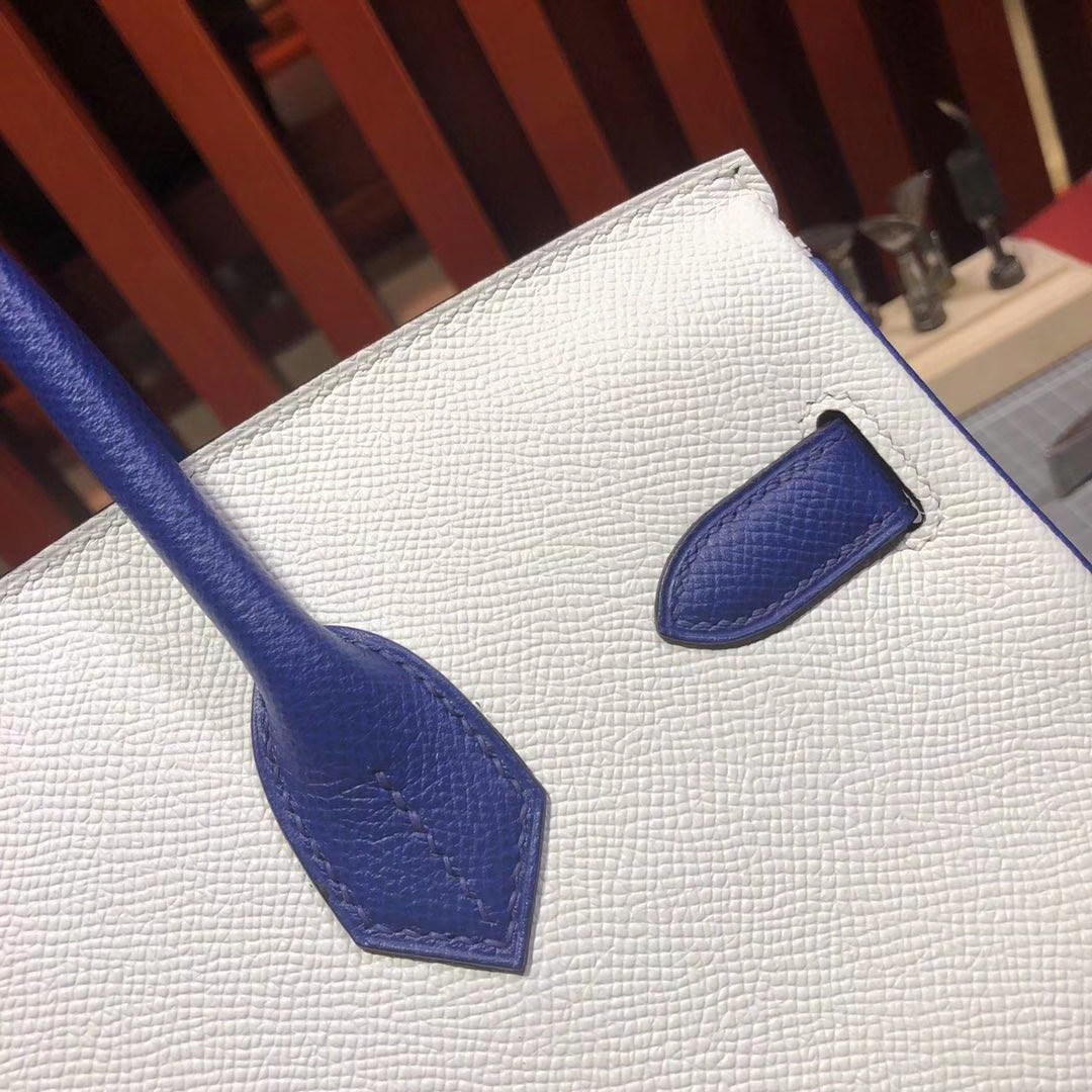 Hermes Birkin30CM 爱马仕纯白拼电光蓝原厂十字纹牛皮铂金包 银扣