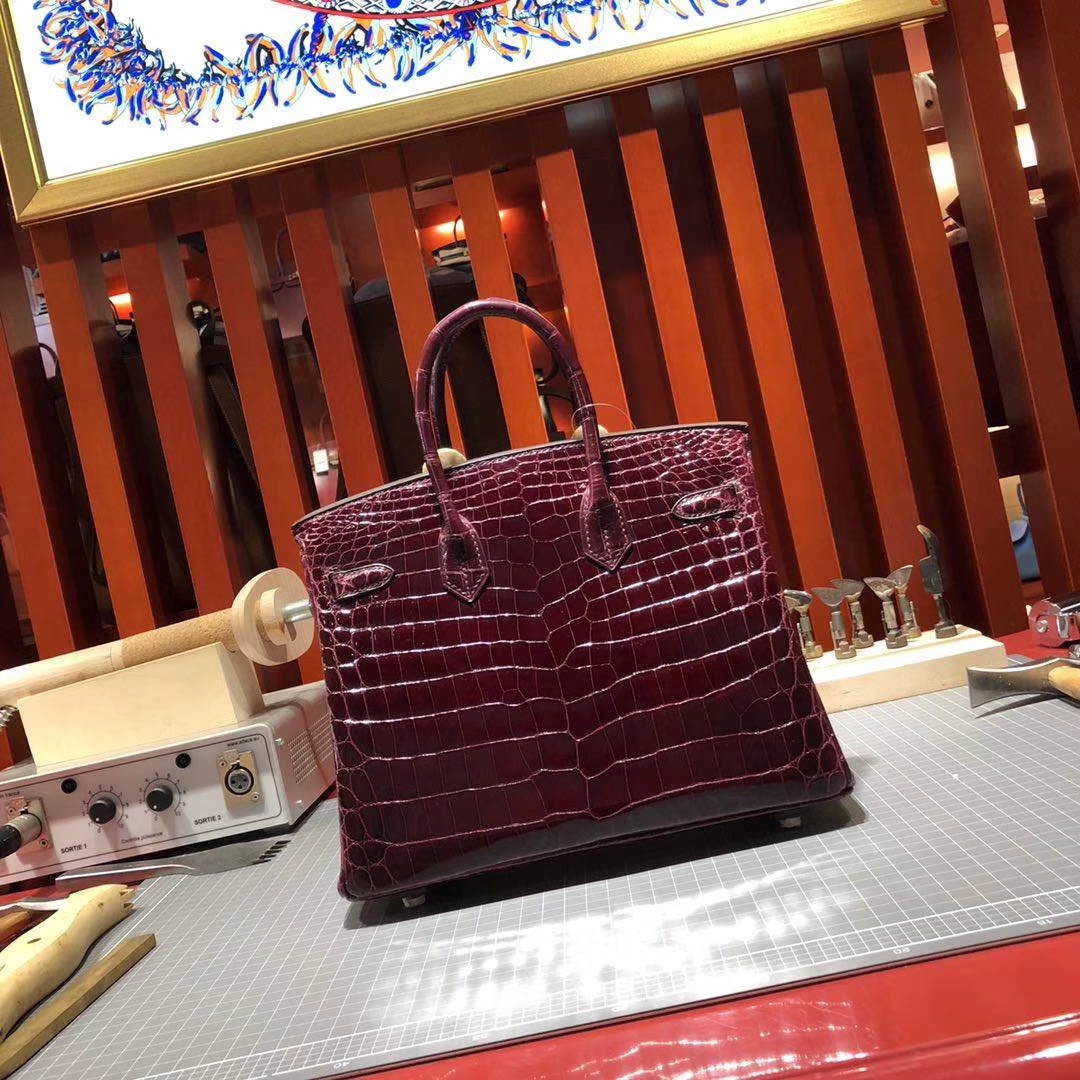 Hermes Birkin25CM 爱马仕CK57波尔多酒红亮面尼罗鳄鱼皮铂金包 金扣