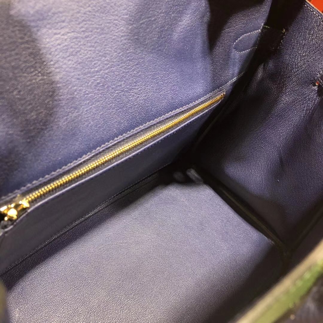 Hermes Birkin30CM 爱马仕英国绿拼宝石蓝十字纹牛皮铂金包 金扣