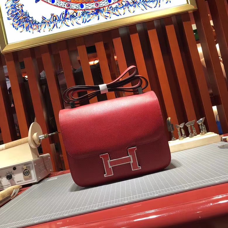 爱马仕空姐包价格 Hermes Constance24CM 中国红Epsom牛皮 珐琅扣