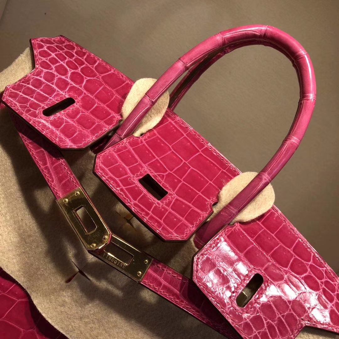 Hermes Birkin25CM 爱马仕5J桃粉色亮面尼罗鳄鱼皮铂金包 金扣