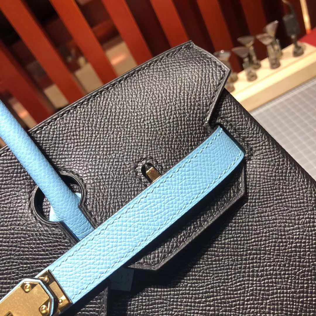 爱马仕Birkin包包 Hermes黑色拼糖果蓝十字纹牛皮铂金包30CM 金扣