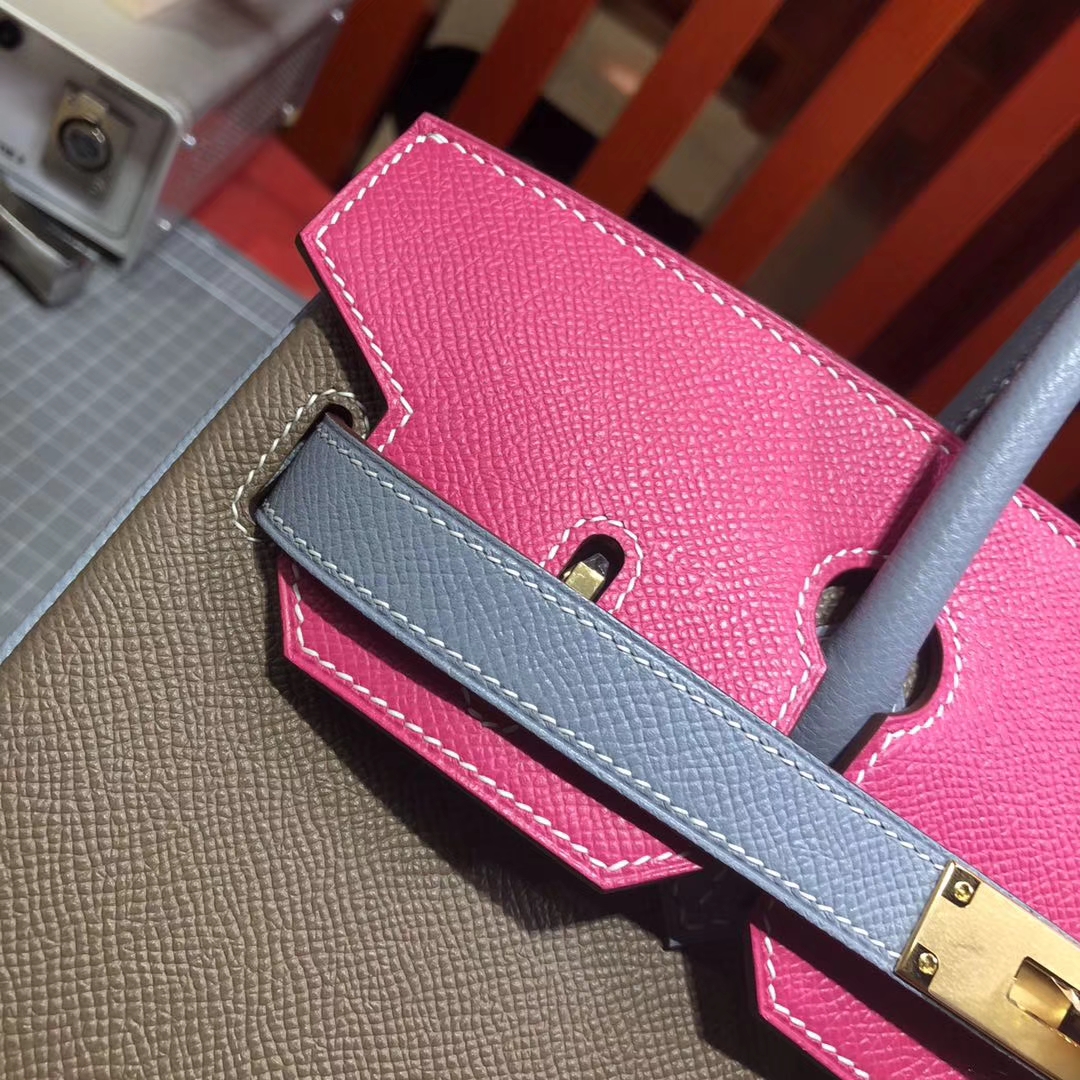 爱马仕铂金包价格 Hermes大象灰拼亚麻蓝拼玫红Epsom牛皮Birkin30CM 金扣