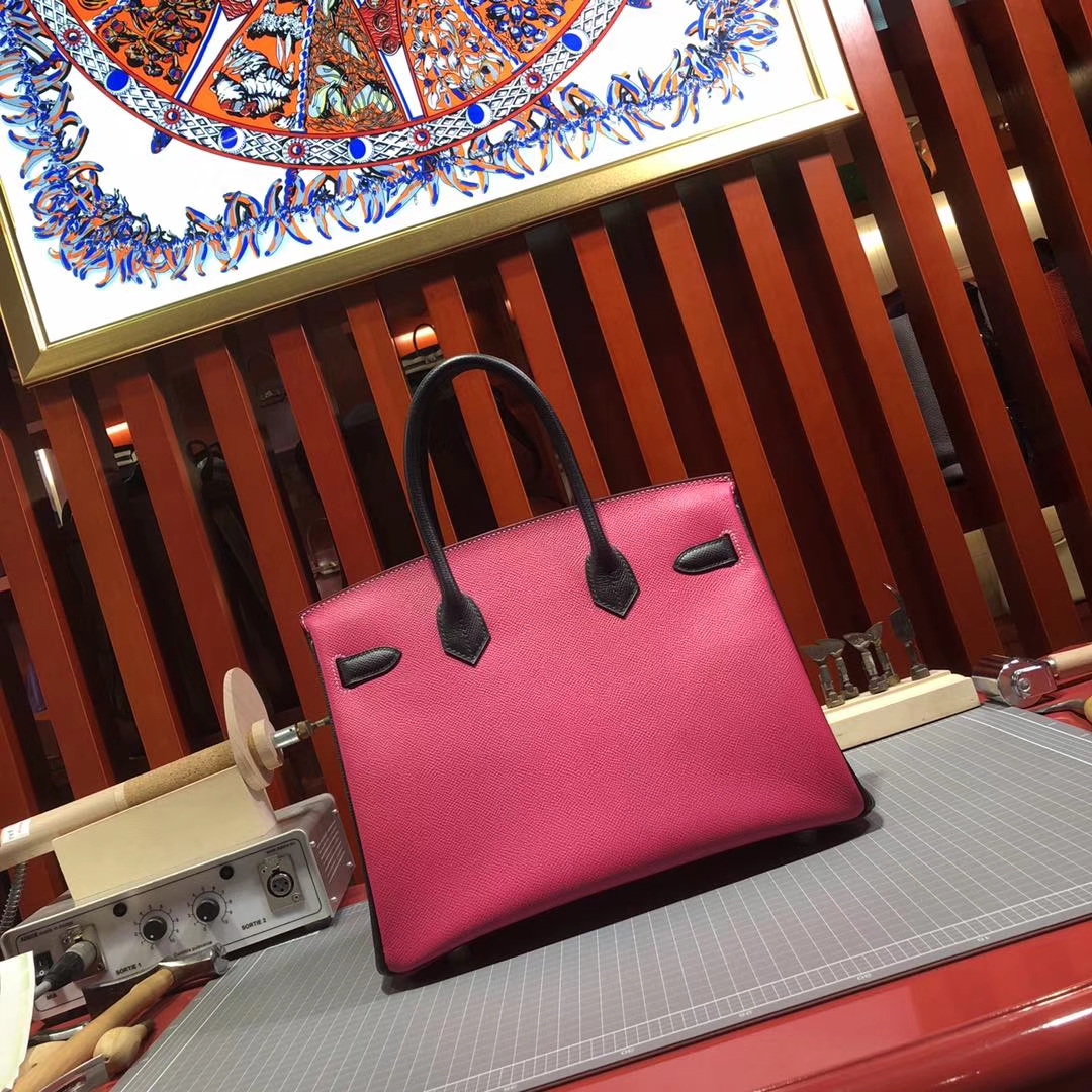 Hermes Birkin30CM 爱马仕拼色铂金包 原厂Epsom牛皮 玫红拼黑色 金扣