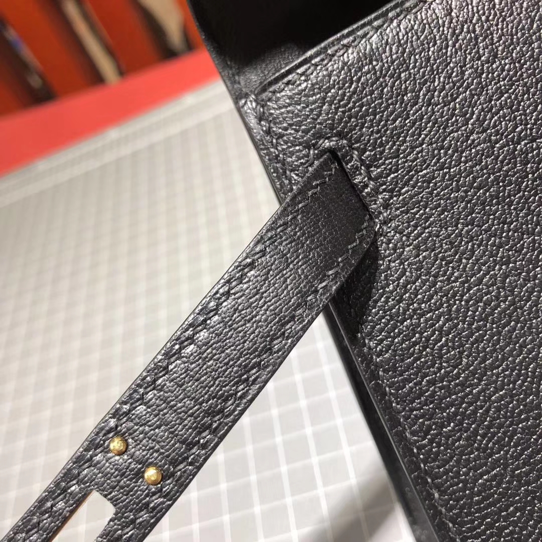 Hermes Minikelly2代 爱马仕89黑色顶级山羊皮迷你凯莉包手包19cm 金扣