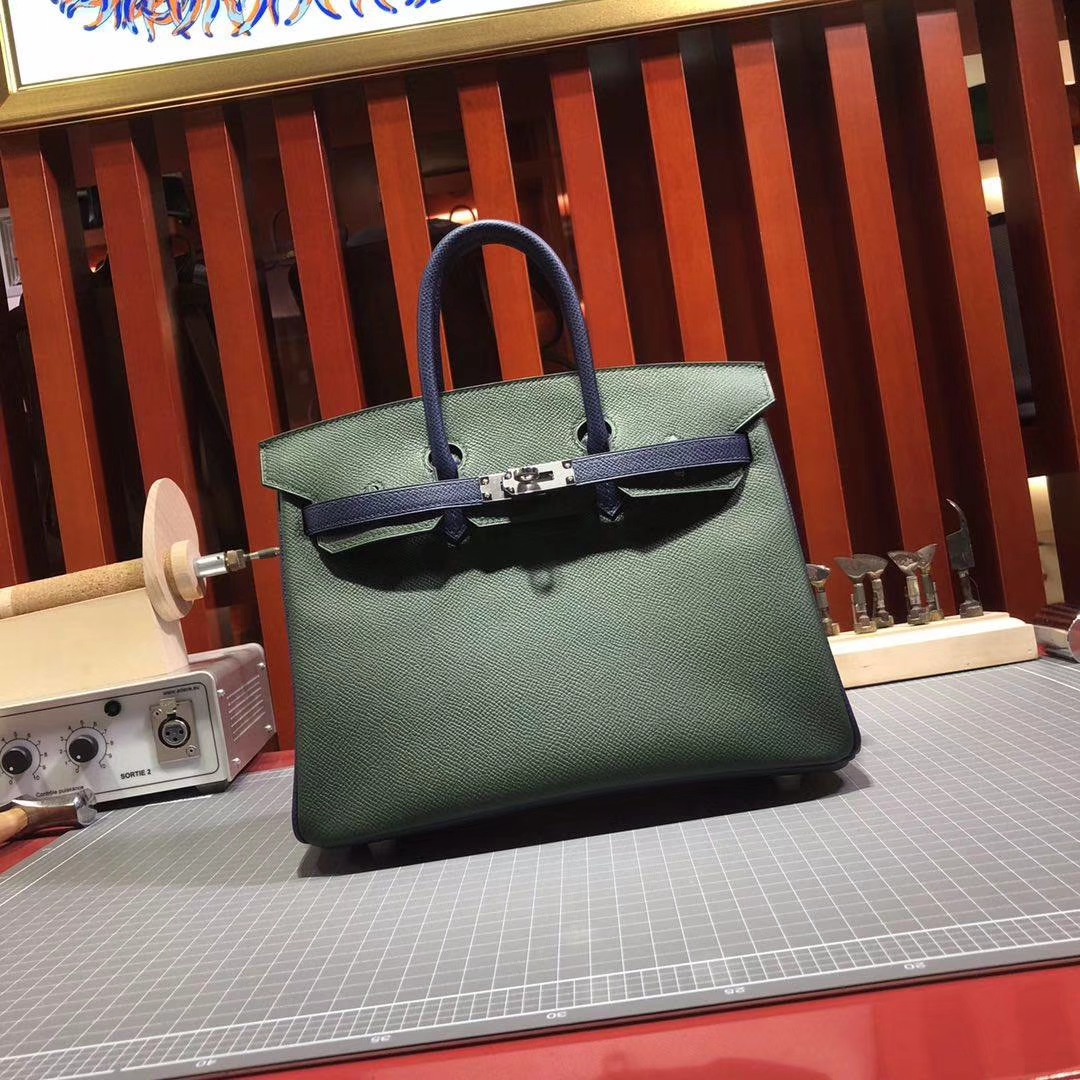 爱马仕拼色铂金包 Hermes Birkin25CM 英国绿拼宝石蓝十字纹牛皮 银扣