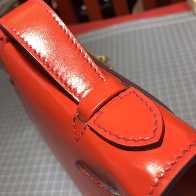爱马仕迷你凯莉包 Hermes Minikelly Pochette22cm 火焰橙顶级Box牛皮 金扣