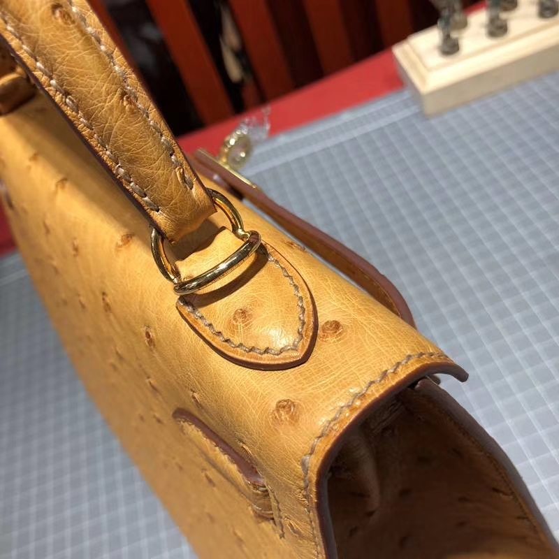 Hermes包包官网 爱马仕稻草黄南非鸵鸟皮手工缝制凯莉包Kelly25CM 金扣