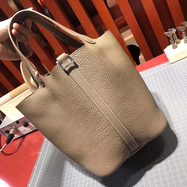 Hermes Picotin水桶包 爱马仕大象灰Clemence牛皮菜篮子包18cm 银扣