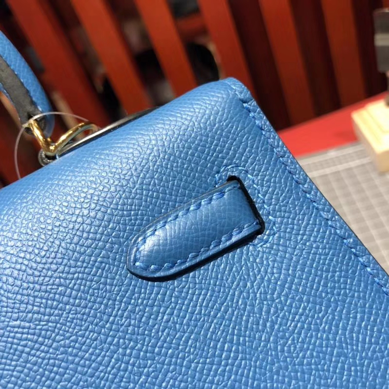 爱马仕Kelly女包 Hermes希腊蓝原厂Epsom牛皮凯莉包Kelly25CM 金扣