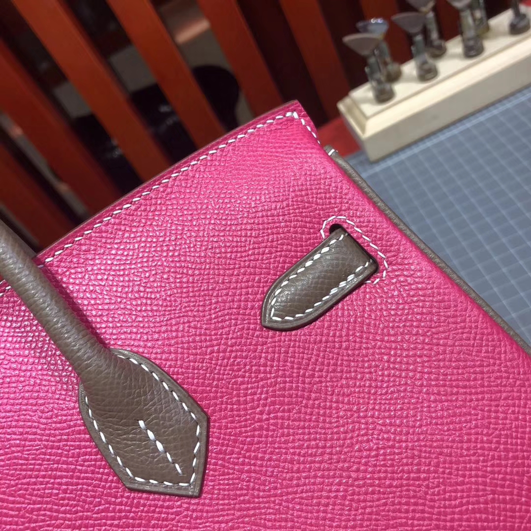 爱马仕拼色铂金包 Hermes Birkin25CM 玫红拼大象灰Epsom牛皮 金扣