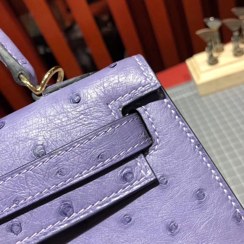 爱马仕凯莉包尺寸 Hermes Kelly25CM 薰衣草紫南非鸵鸟皮 金扣