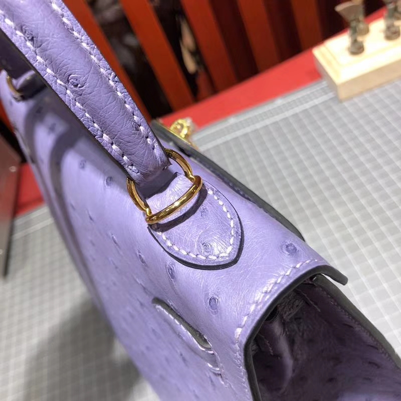 爱马仕凯莉包尺寸 Hermes Kelly25CM 薰衣草紫南非鸵鸟皮 金扣