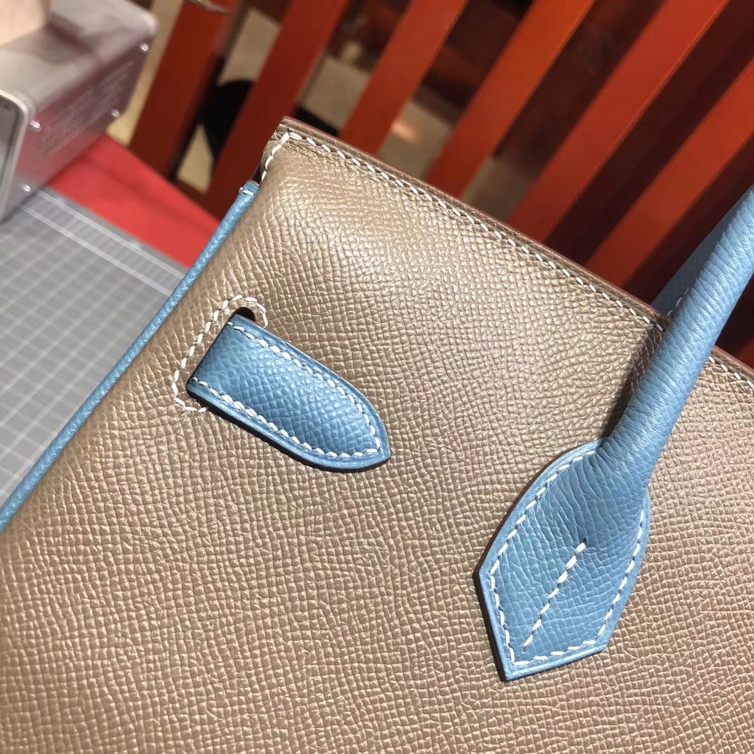 Hermes Birkin30CM 爱马仕大象灰拼牛仔蓝原厂手掌纹牛皮铂金包 金扣