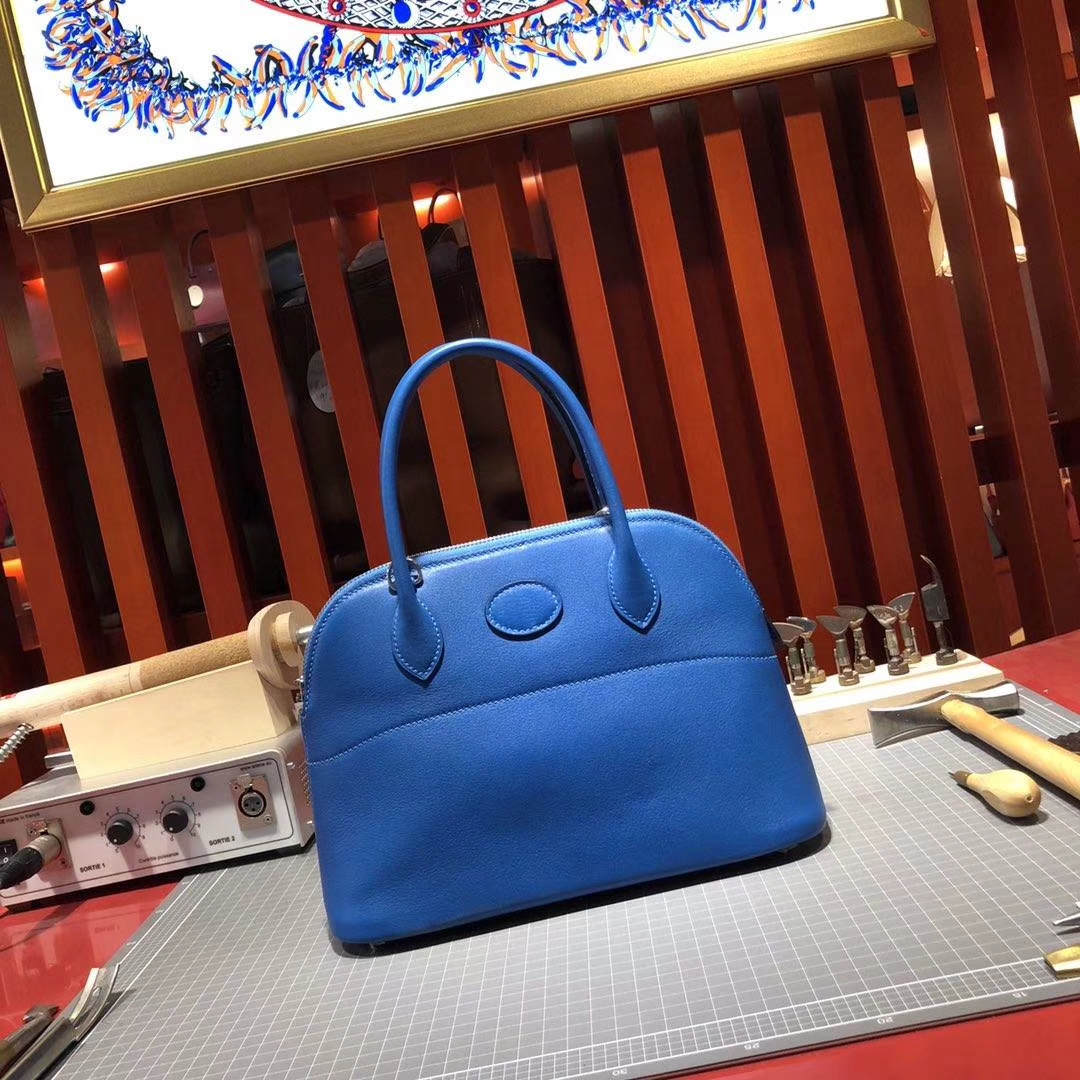 爱马仕保龄球包 Hermes Bolide27CM T7水妖蓝原厂Swift牛皮 银扣