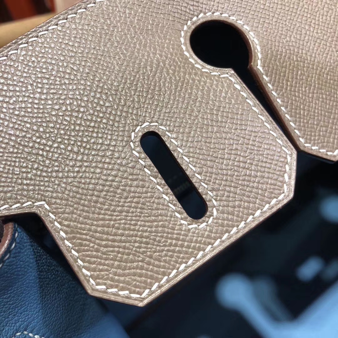 Hermes Birkin30CM 爱马仕大象灰拼牛仔蓝原厂手掌纹牛皮铂金包 金扣