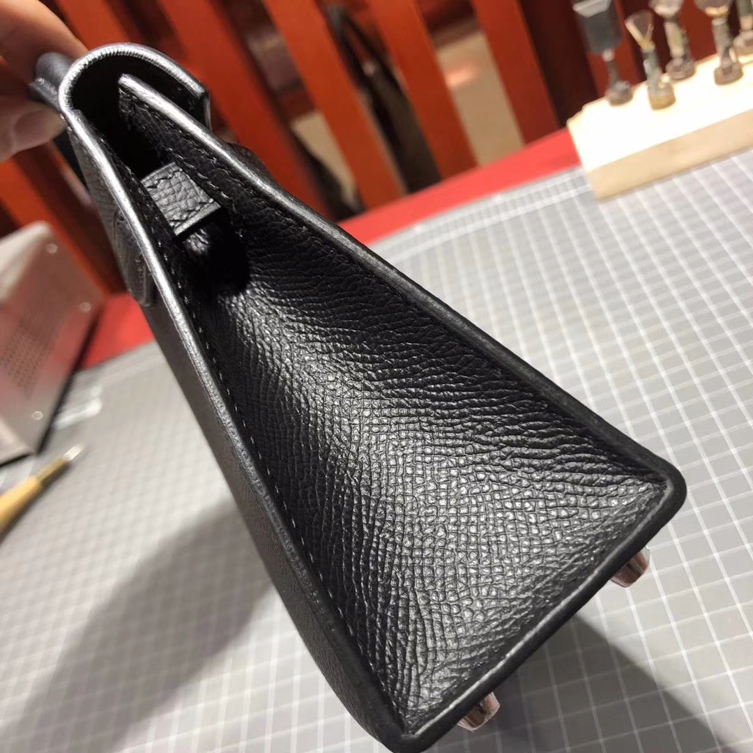 爱马仕Minikelly2代手包 Hermes原厂Epsom牛皮迷你凯莉包 89黑色 银扣